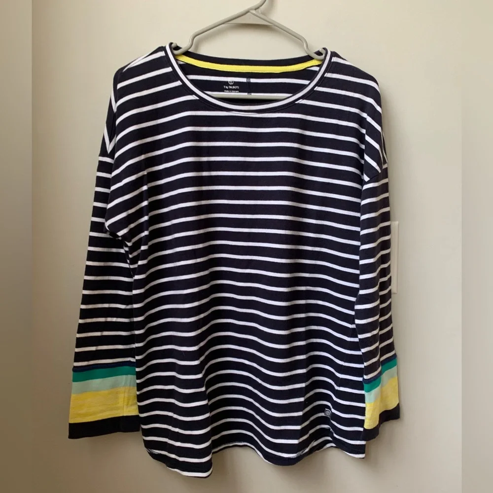 TALBOTS Women’s Navy White Stripe Cotton Spandex Rounded Neck 3/4 Sleeve Blouse